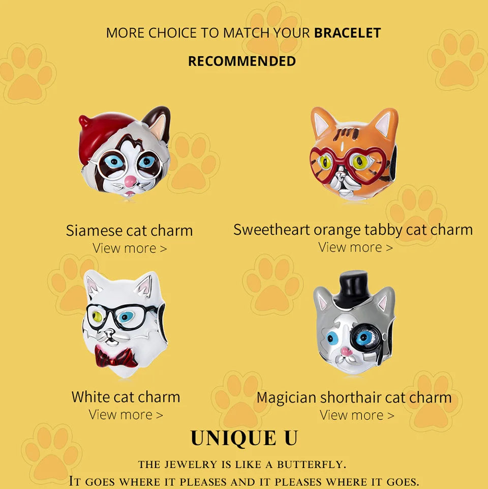 925 Sterling Silver Cute Cartoon Cat With Glasses Charms Beads