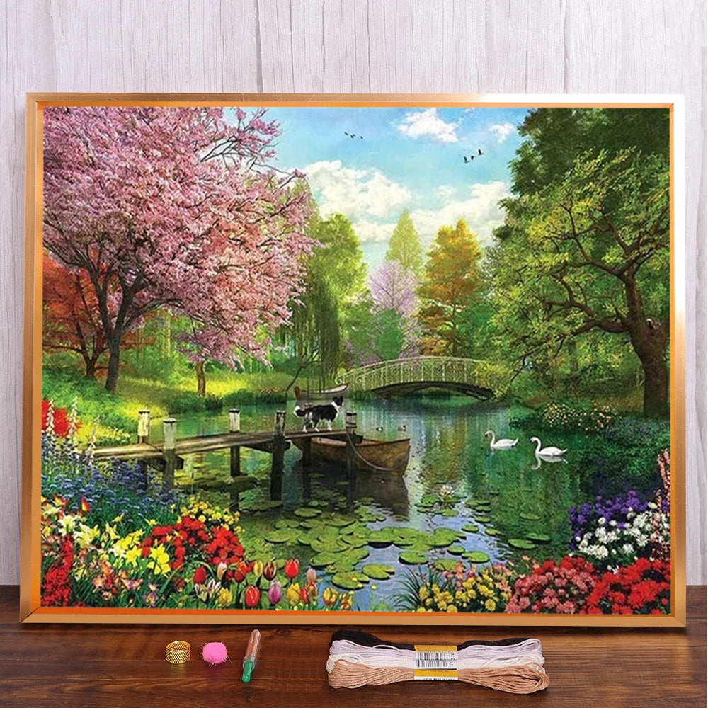 Landscape Spring Tree Printed Canvas Cross Stitch Complete Kit