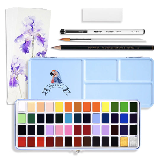 MeiLiang Watercolor 52 Vivid Colors in Pocket Box with 3 Paint Pens, Paper & Sponge