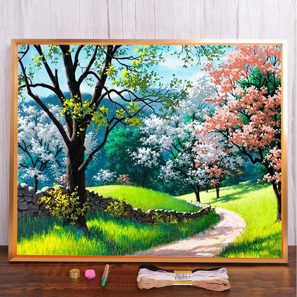 Landscape Spring Tree Printed Canvas Cross Stitch Complete Kit