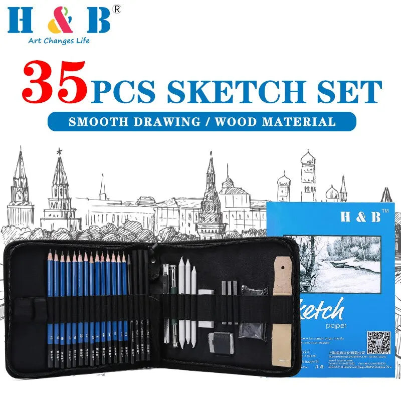 35pcs Blue Drawing Charcoal Sketch Pencil Set