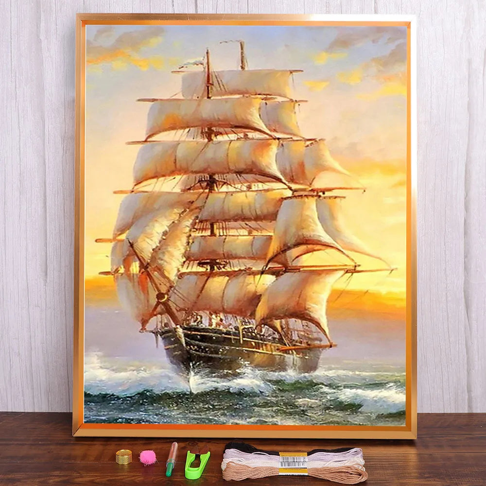 Boat Landscape Ship Printed Canvas 11CT Cross Stitch Full Kit