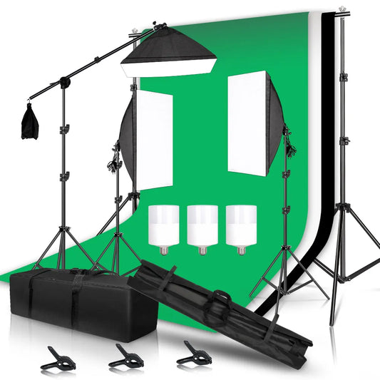 Softbox Lighting Set with Background Stand Fabric & Boom Arm