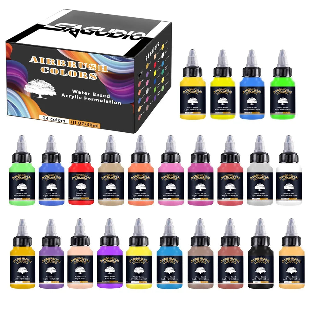 Ready to Spray Fluorescent 24 Colors Airbrush Paint Set 30ml Water-Based