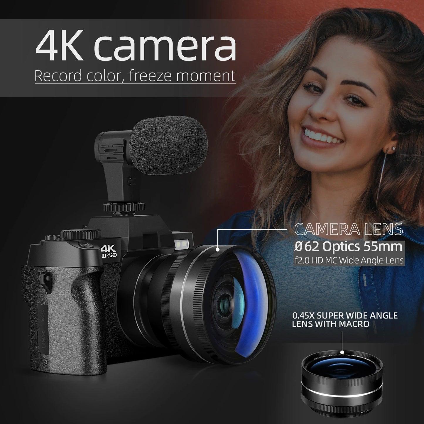 Digital Camera 16X Digital Zoom 4K 48MP with 180° Flip Screen