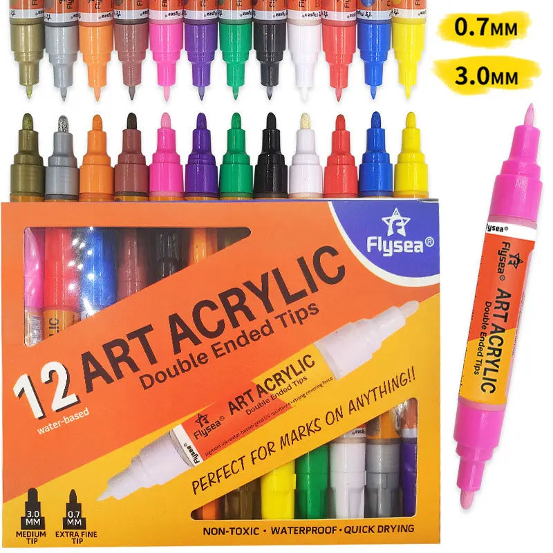 12 Color Set 0.7mm 3.0mm Tip Double Head Acrylic Paint Art Marker