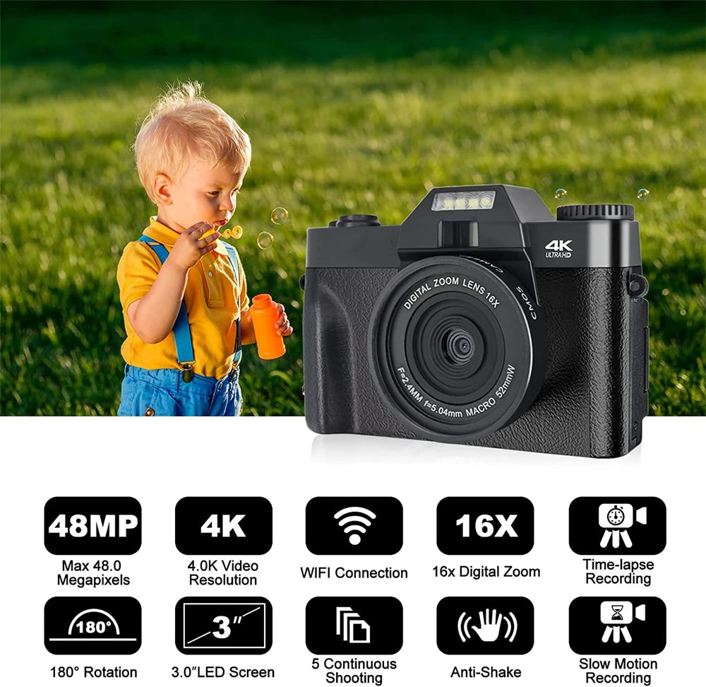 Compact Digital 4K WIFI Camera with 3" Flip Screen