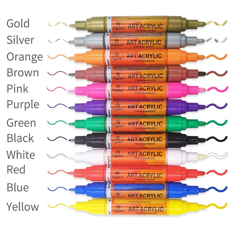 12 Color Set 0.7mm 3.0mm Tip Double Head Acrylic Paint Art Marker