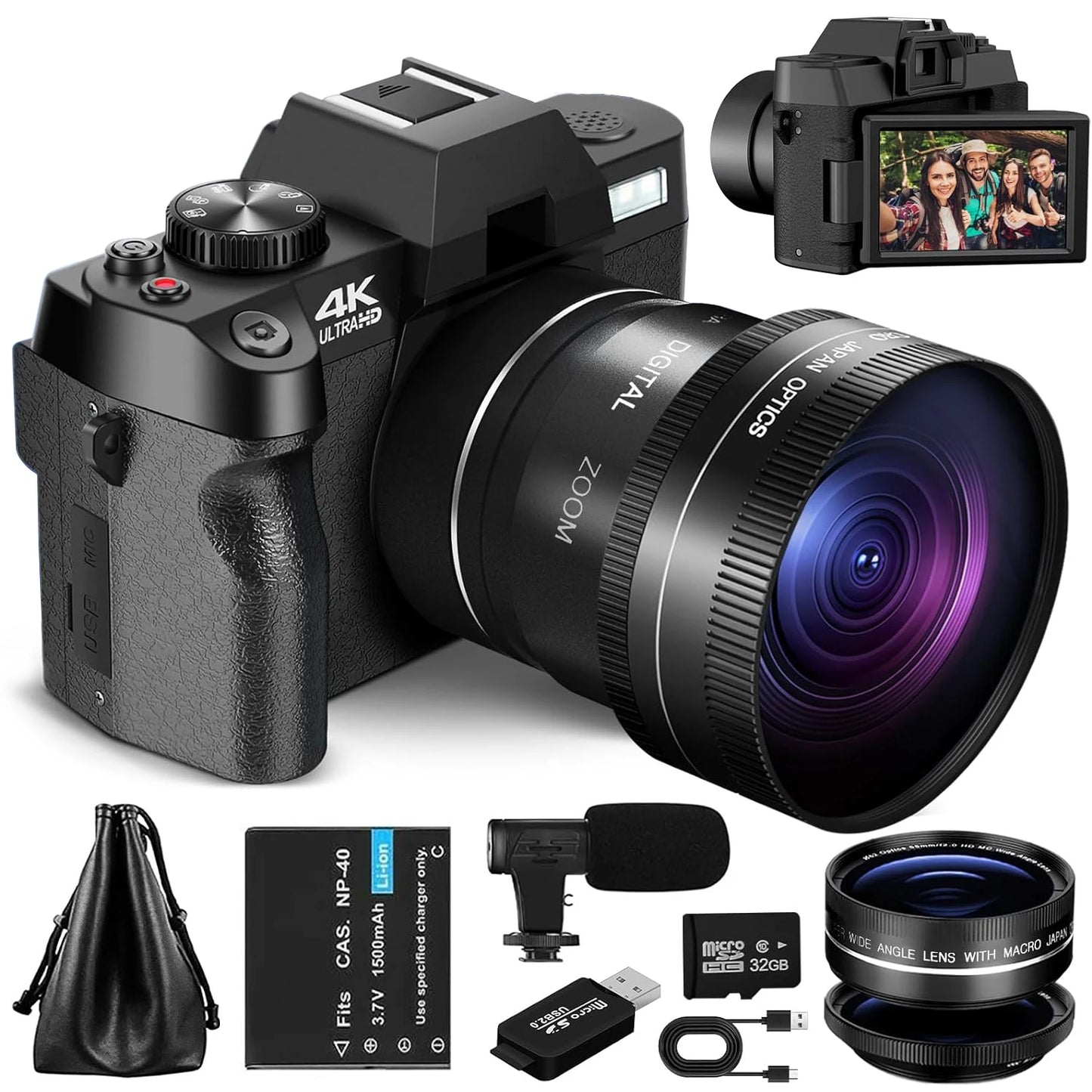 Digital Camera 16X Digital Zoom 4K 48MP with 180° Flip Screen