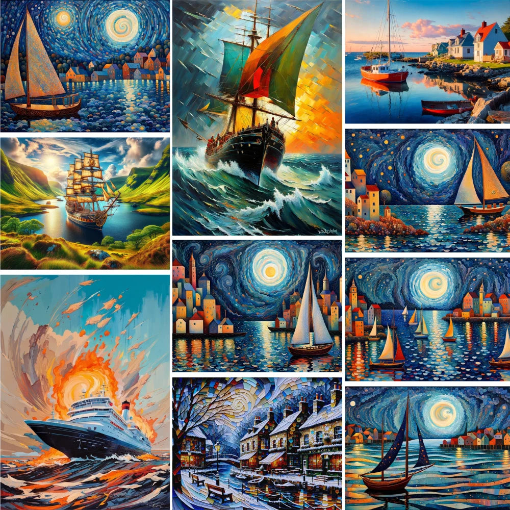 Landscape Boat Moon Pre-Printed Cross Stitch DIY Embroidery Patterns