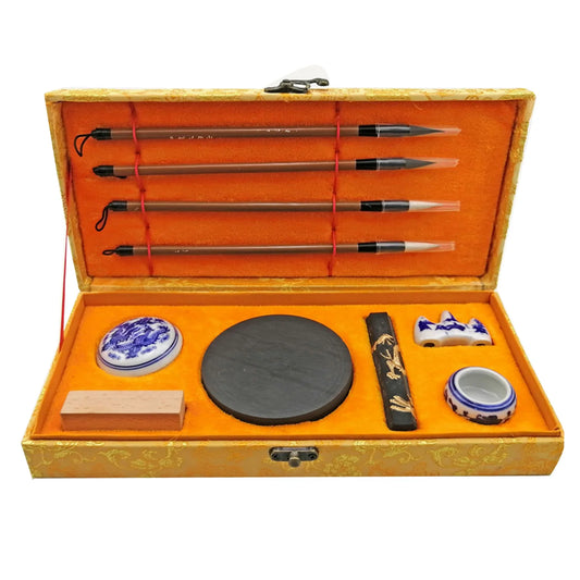 10PCS Chinese Traditional Calligraphy Set with Writing Brush, Washer, Holder & Inkstone