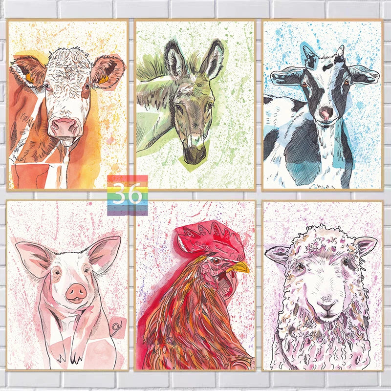 Farm Animals Watercolors Canvas Printing Poster Wall Art