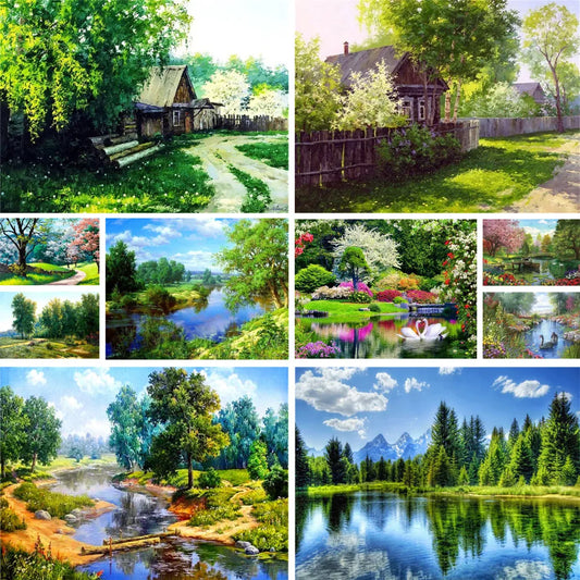 Landscape Spring Tree Printed Canvas Cross Stitch Complete Kit