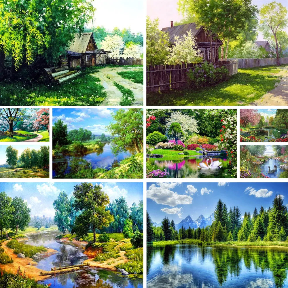 Landscape Spring Tree Printed Canvas Cross Stitch Complete Kit